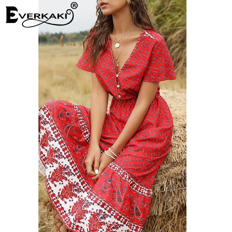

Everkaki Women Long Dress Boho Floral Print Gypsy Vestidos Ladies Maxi Bohemian Dresses Female 2020 Spring Summer New Fashion