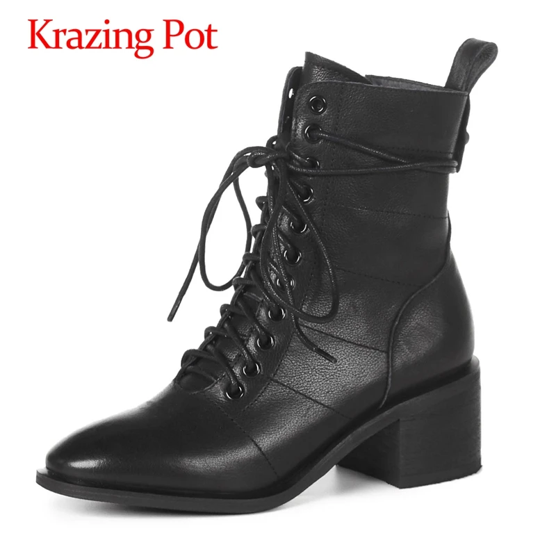 

Krazing pot hot real lather cross-tied handsome big size round toe high square heel winter shoes women keep warm ankle bootsL7f4