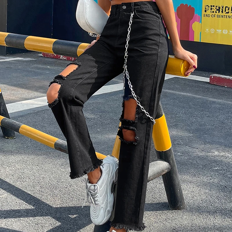 

JYSS new black distressed jeans woman pantalon pour femme trousers pants high waist prevailing holes hollow out jeans 30686