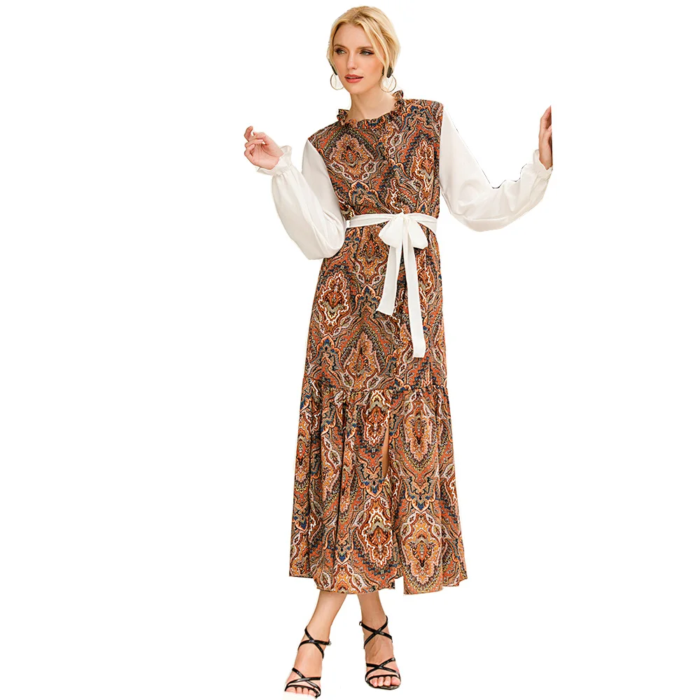 

New muslim fashion abaya dress White sleeve printed abaya cardigan dress summer floral collar new abaya for Dubai women MSL907