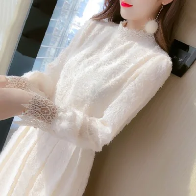 

2021 Women Fairy White Dress Woman Temperament Lace Dress Spring and Autumn High Waist Dress New Design Sense Soild Color Skirt