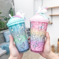 creative unicorn push cover ice cream cup water cup cute art fresh cartoon double straw cup