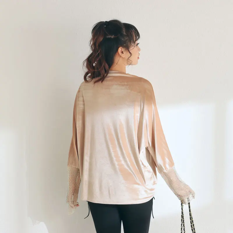 

DIMANAF Plus Size Women T-Shirt Velvet Hollow Out Spliced Tshirt Spring Sexy Long Sleeve Tops Shirt Loose Summer 2021 Fashion