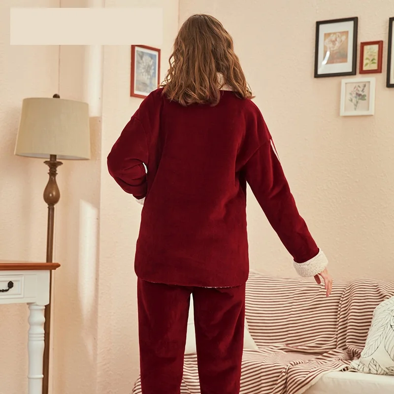 Зимние женские пижамы из двух частей фланелевые плотные теплые с принтом для