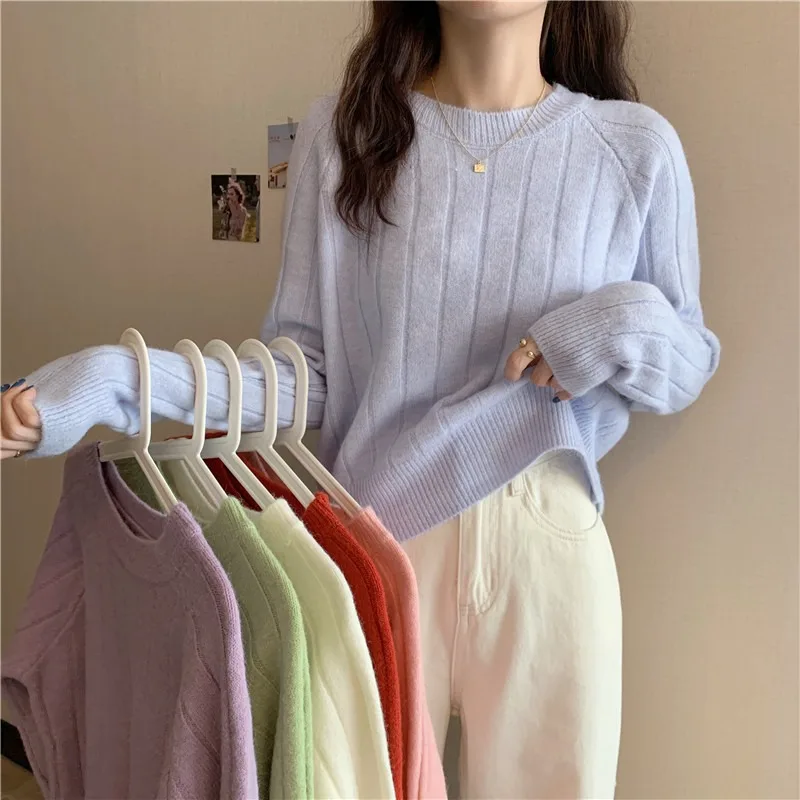 

Укороченный свитер 2021, вязаные милые свитера, женская зимняя одежда желтого и розового цветов с длинным рукавом, Женский пуловер, джемпер