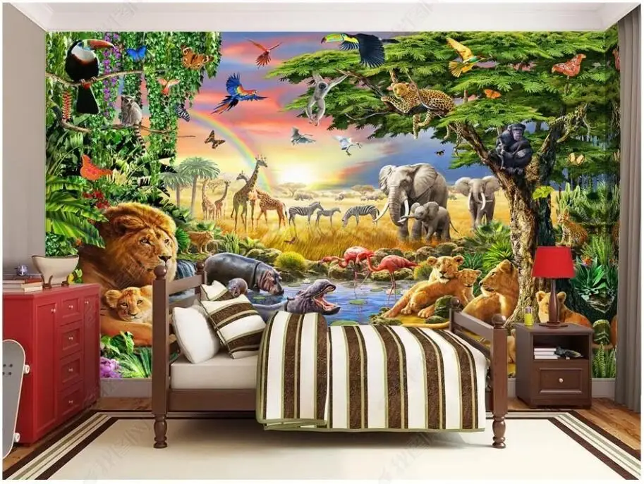 

3d фото настенная бумага на заказ милые Мультяшные красочные луга животные Лев зебра детская комната обои для стен в рулонах