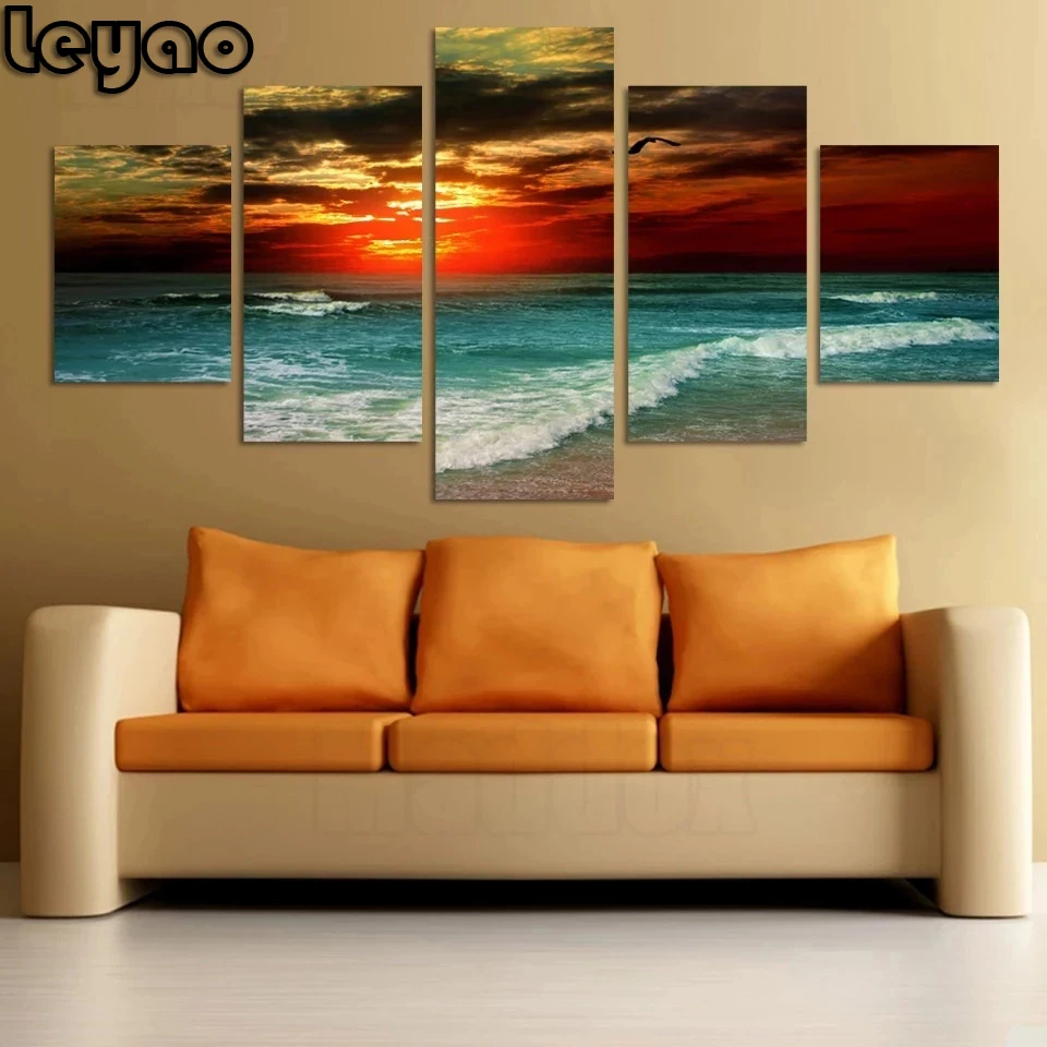 

5 Piece Sunset Seascape Diy Diamond Painting Cross Stitch Kits Full Drill Mosaic Diamond Embroidery Multi Panel