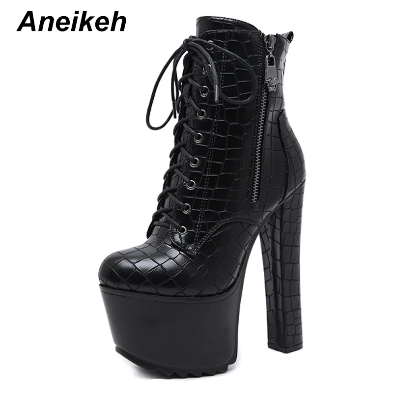 Black Aneikeh/пикантные женские ботильоны на высокой платформе с перекрестной шнуровкой; мотоботы из искусственной кожи в стиле панк; обувь для ночного клуба; женская обувь на не сужающемся книзу массивном каблуке - Цвет: Black