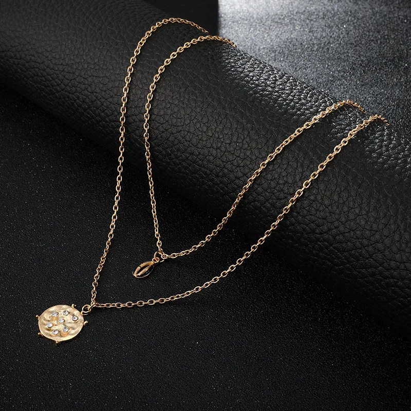 

Fashion Double Layer Shell Crystal Pendant Necklace Chic Gold Color Long Chain Necklace For Women Wedding Gifts Jewelry