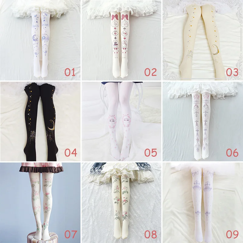 Japanese Sweet Lolita Stockings Retro Lolita Bronzing Printing Pantyhose Harajuku Tattoo Stocking Female Velvet Pantyhose