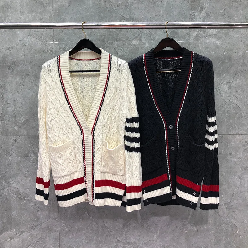 

2021 модный бренд TB THOM, свитер, женская одежда, полосатая шерстяная длинная толстая осенне-зимняя повседневная куртка
