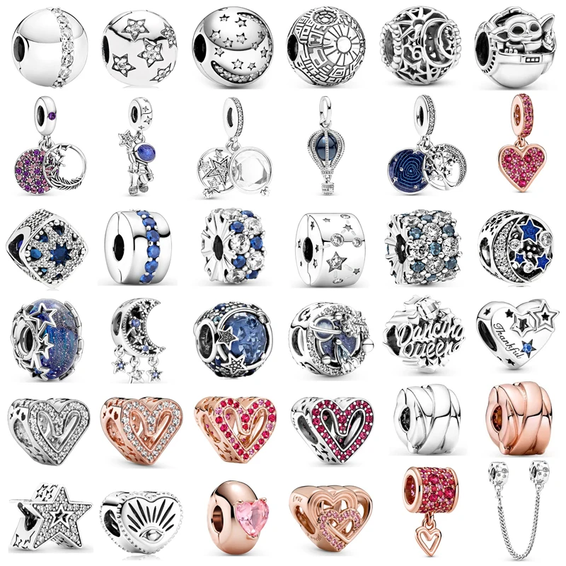 

New Fashion Charm Original Star Crescent Moon Blue Star Space Series Beads Suitable for Original Pandora Lady Bracelet Jewelry