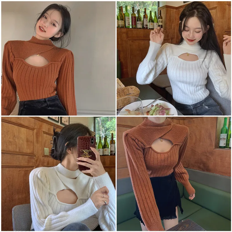 

Hollow Out Pullovers Turtleneck Autumn Winter Clothes Women 2020 Long Sleeve Sweaters Slim Solid Female Korean Fashion Clothes