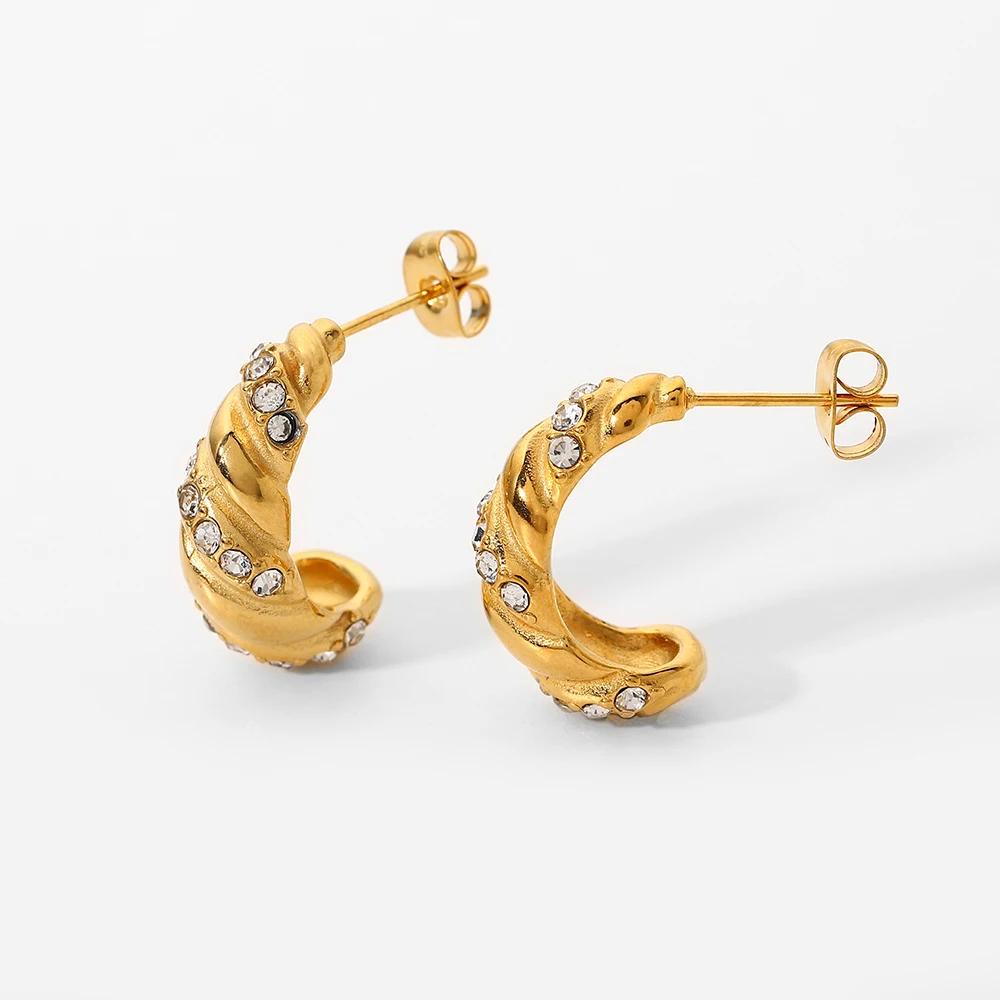 

INS Hot 18K Gold Plated Stainless Steel C Shaped Hoop Earrings Jewelry Croissant Shiny Zircon CC Shape Hoop Earrings For Women