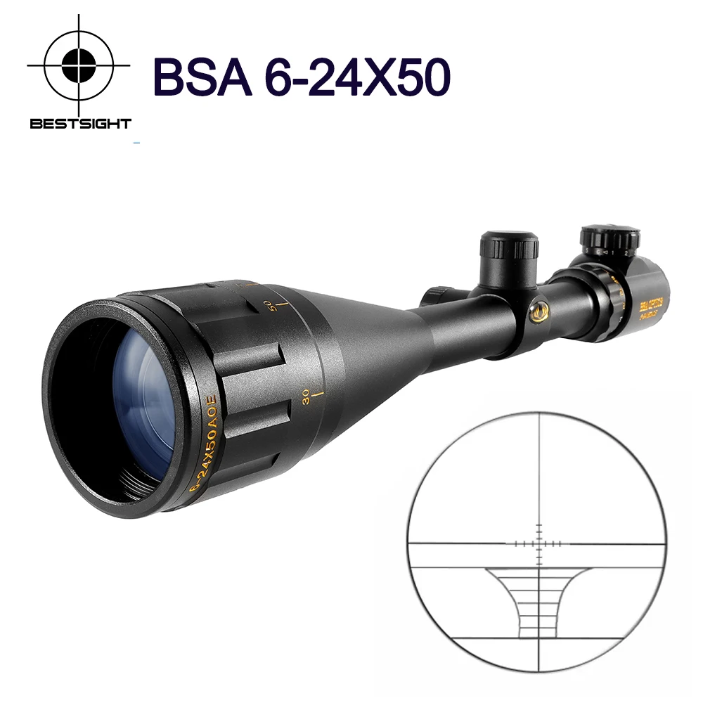 

Тактический прицел BSA OPTICS 6-24x50AOE, красный, зеленый, с подсветкой, прицел снайперской винтовки оптический прицел, охотничьи прицелы