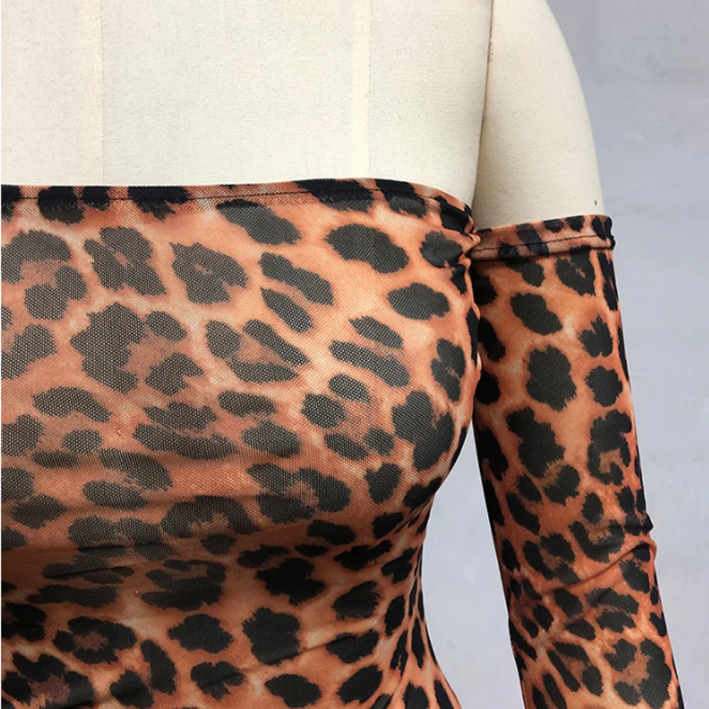 

Women Long Sleeve Strapless Backless Mesh Leopard Printed Jumpsuit Bodysuits Playsuits Lady Sexy Bodycon Outfits Rompers