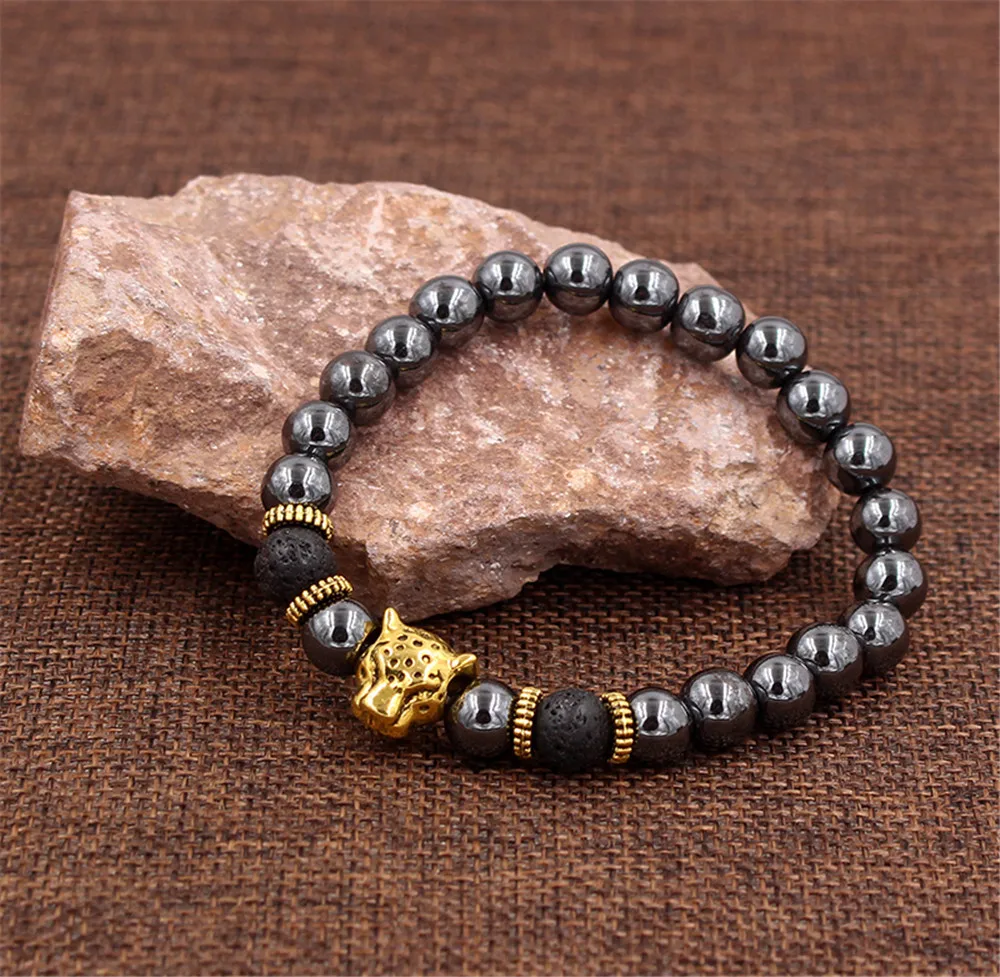 Мужская Корона из вулканического камня с бусинами браслет головой льва голова