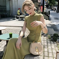 new 2021 summer korean womens knitted sweaters dresses french vintage niche hepburn style waist bottoming midi knitted dresses