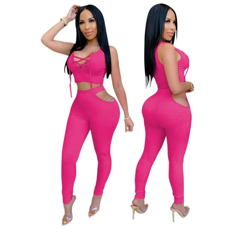 

Sexy Women Club Hollow Sets Women Crop Tank High Waist Tracksuit Bodycon Tie Up V Neck Wrap Cami Top Cut Out Long Pants Outfits