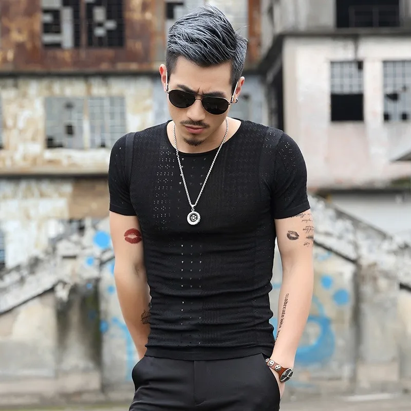 2020 Summer New Mens Short-sleeved T-shirt Korean Slim Fit Collar Ice Silk Hollow Out Youth Personality Trend | Мужская одежда