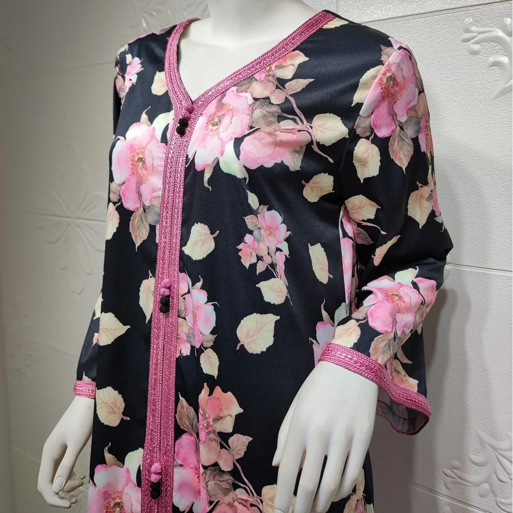 

Women Flower Print Modest Loose Kaftant Robe Muslim Islamic Ramadan Mubarak Dubai Abaya Dress Jalabiya for Arabic Clothing