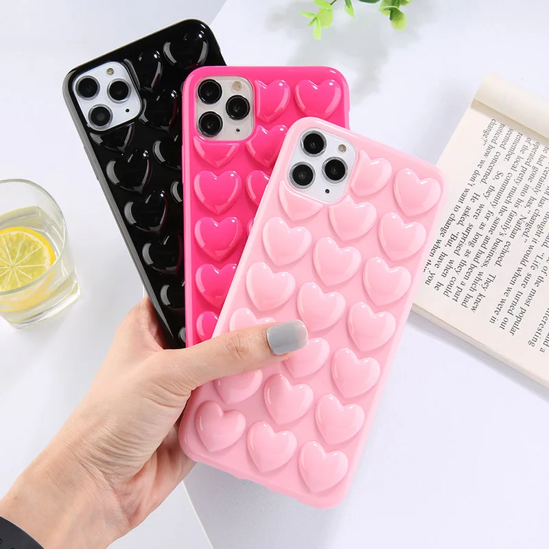 

Ottwn 3D Love Heart Case For iPhone 11 Pro Max XR XS Max 7 8 6 6S Plus Candy Color With Lanyard Strap Silicone Soft Back Cover