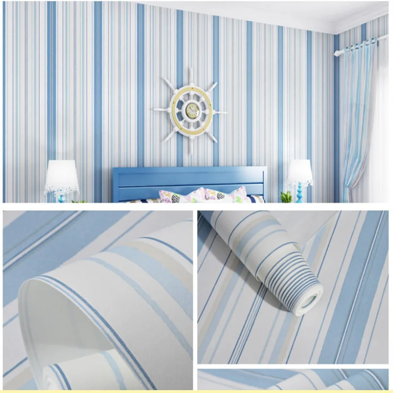 Blue Mediterranean Wallpaper Stripe Design Effect Vinyl Waterproof Living Room Bedroom Decorative Self Adhesive Contact Paper