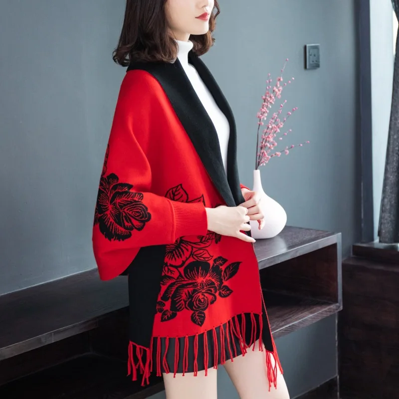 Женский Вязаный плащ в национальном стиле осень 2019 новинка Ретро стиль с принтом