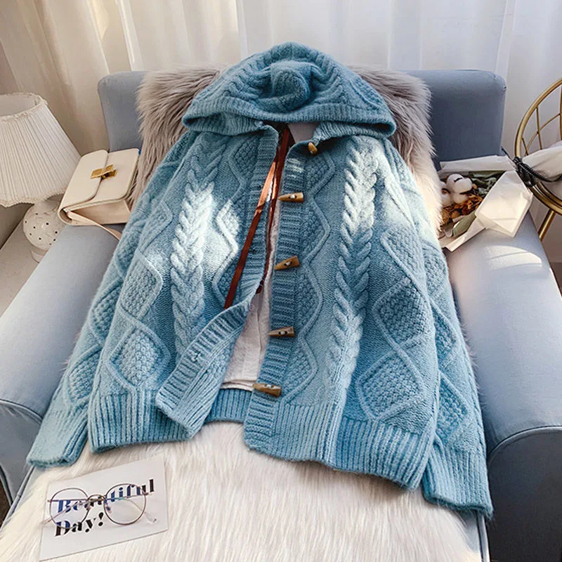 

Horn buckle Hooded twisted Sweaters Coats Autumn Winter Loose Knitted Cardigan Women Casual Oversized Solid Sweaters jackets