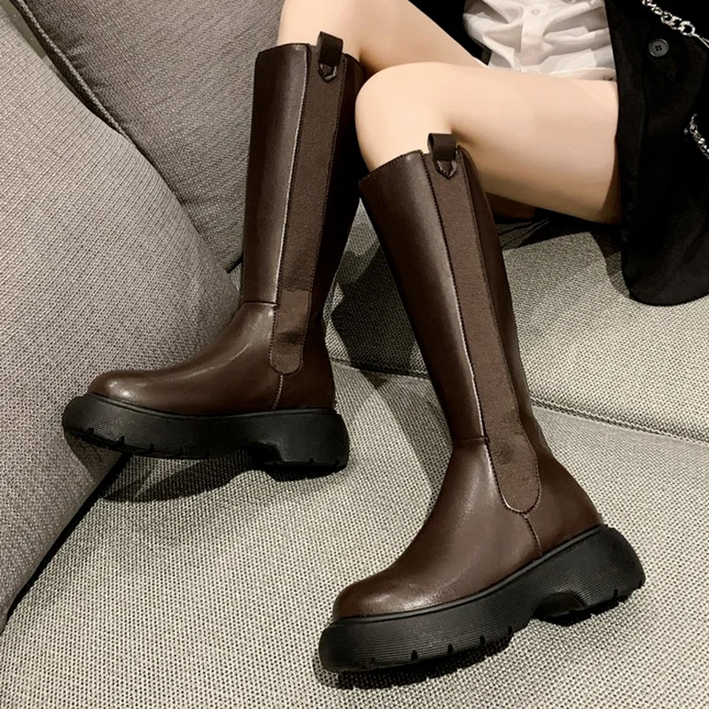 

Women Motorcycle Boots Genuine Leather Thick Sole Long Boots Woman Casual Flats Shoes Women Platform Knee High Boots Women