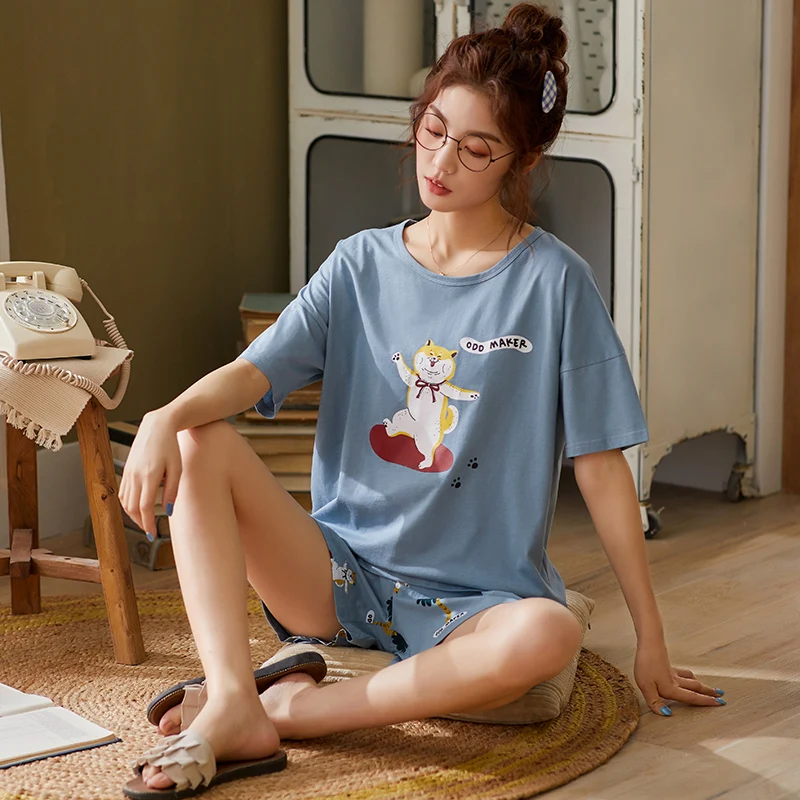 

L New Summer Pajamas Set Round Neck Short Sleeves Shorts Cute Cartoon Sleepwear Women Cotton Home Wear Comfort Pijamas Pyjama
