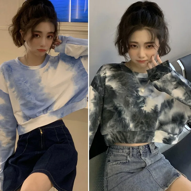 

Women Design Sense Niche Tie-dye Round Neck Loose and Thin Short Ladies Long-sleeved Hoody Sweatshirts