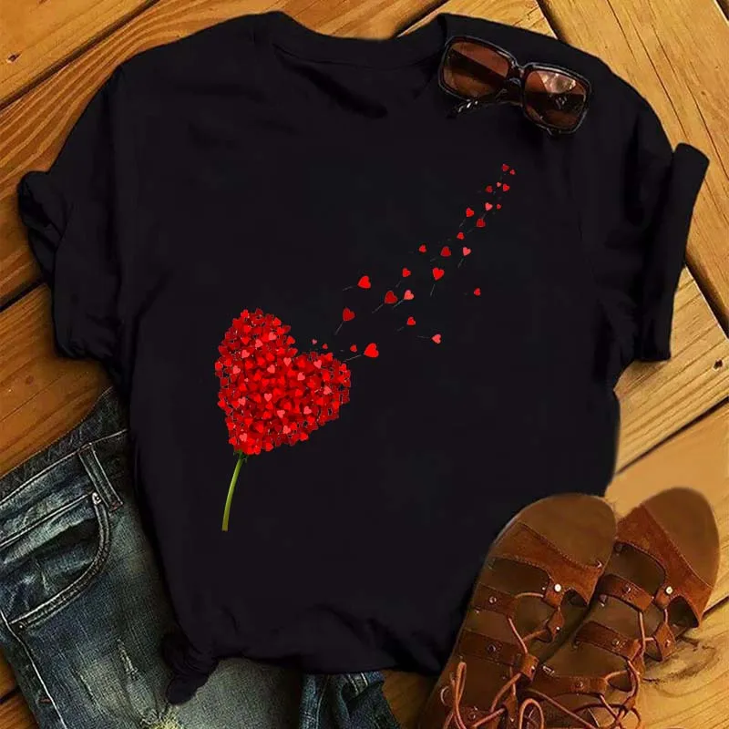 FIXSYS Cute Fashion Heart Pattern Red Flowers Printed Black T-Shirt Women Summer Tops Tee Valentine Lady Clothes Female Tshirt