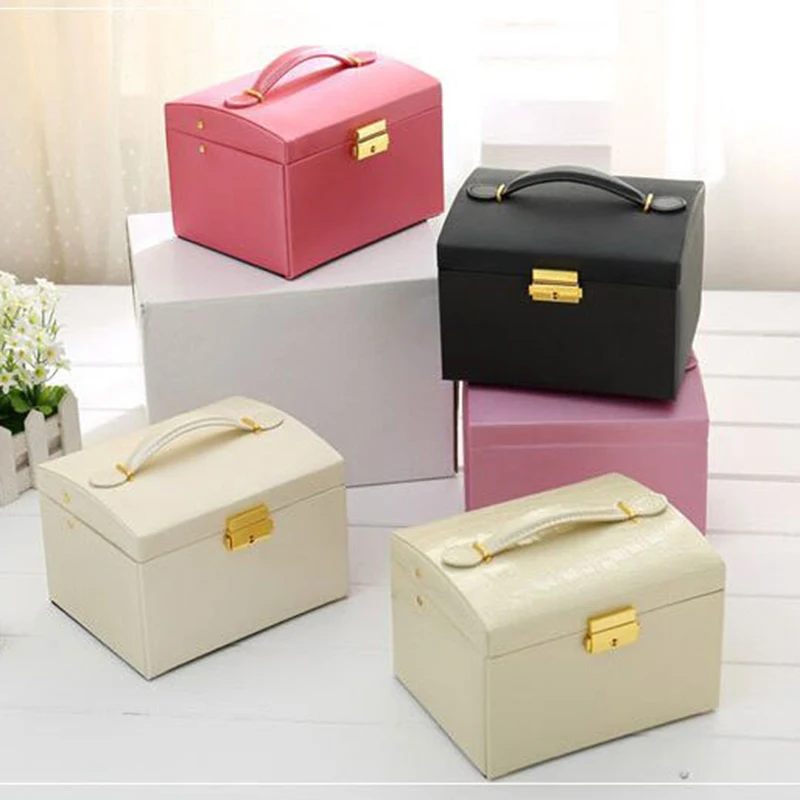 

PU Jewelry Box with Mirror 3 Layers Portable Necklace Ring Earrings Lockable Organizer Case with Handle for Travel Home GHS99