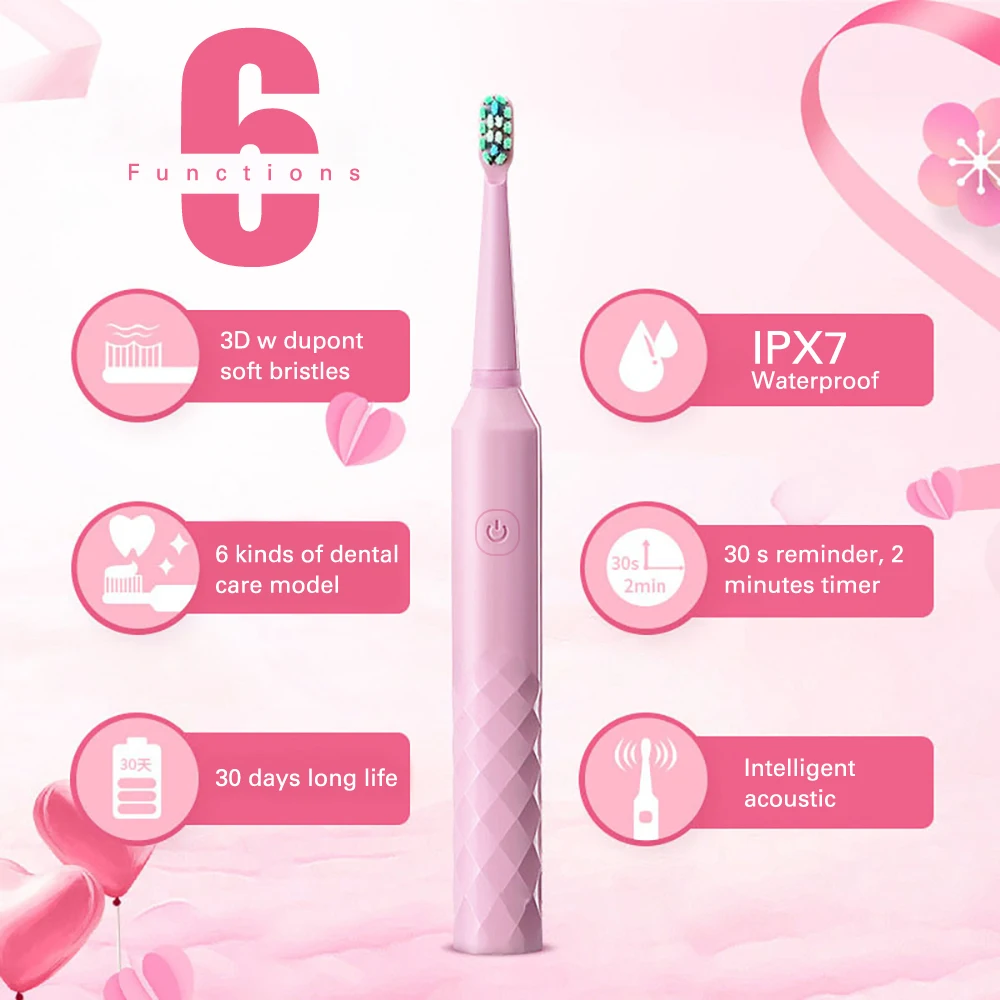 Зубная щетка электрическая Звуковая 6 режимов 4 сменных головки | Бытовая техника