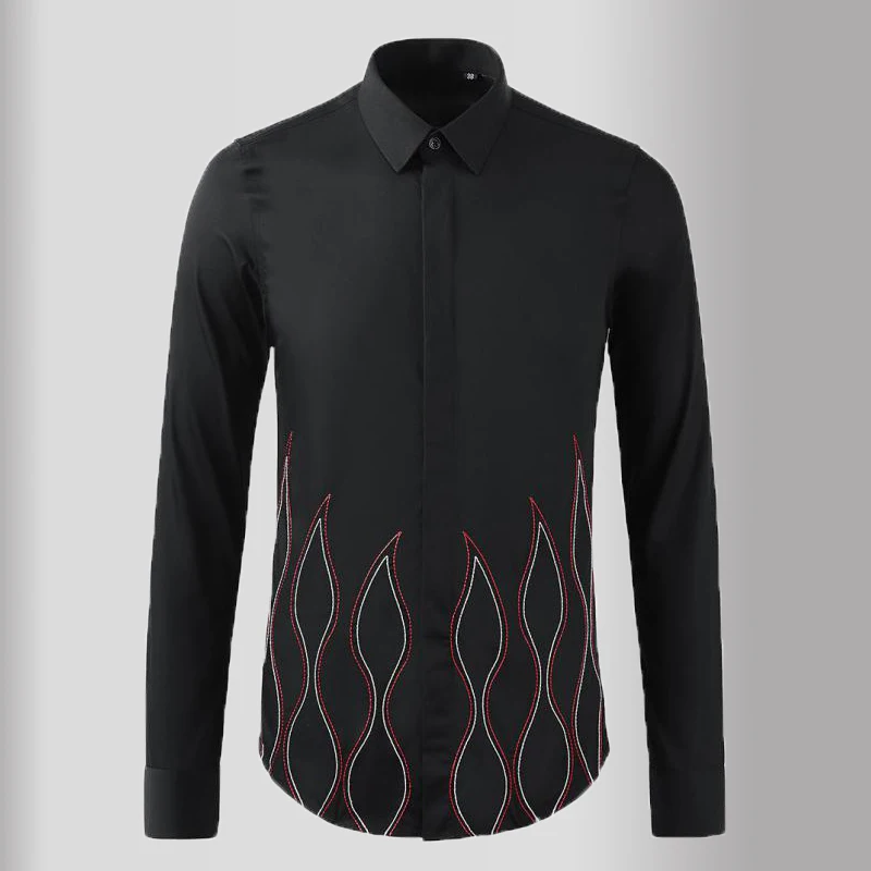 

New Mens Shirts Luxury Long Sleeve Flame Embroidery Casual Mens Dress Shirts Slim Fit Party Male Shirts