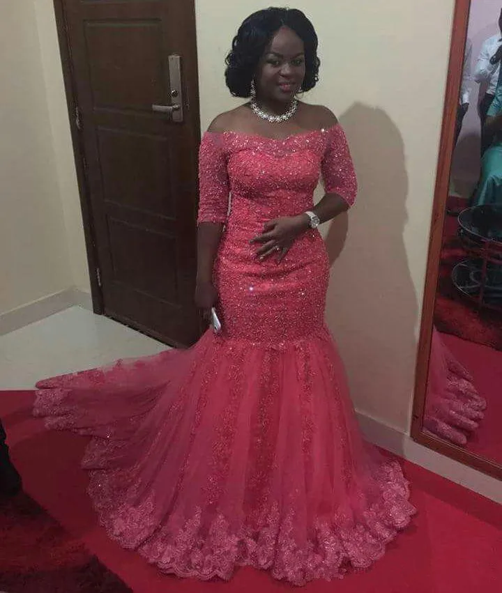 

Mermaid Wedding Dresses With Sleeves Off The Shoulder Plus Size African Elegant Red Lace Wedding Dress Bridal Gowns Custom Made