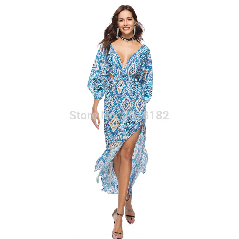 Платье макси с длинным рукавом Женская одежда в стиле бохо 2018 Сексуальная