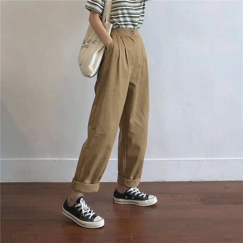 

Khaki Striped Straight Suit Pants Women Office Lady Loose 90s Baggy Grey Sweatpants Joggers Ladies Capris Pocket Long Trousers