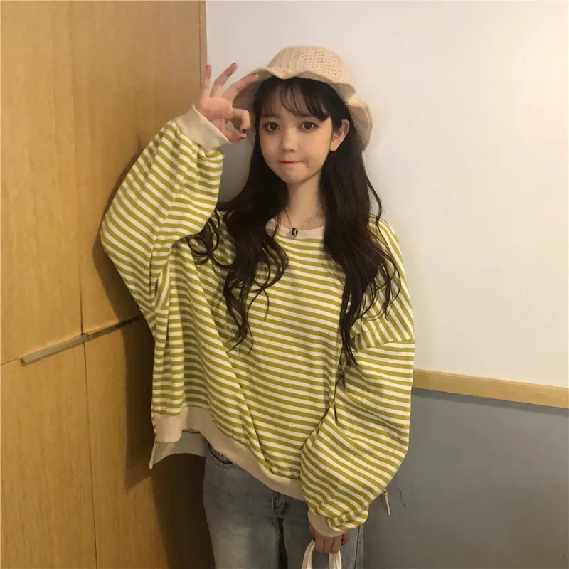 

Autumn Women No Hat Hoodies Striped Sweatshirts Casual All-match Loose BF Girls Korean-style Chic Preppy Leisure Students Hoodie