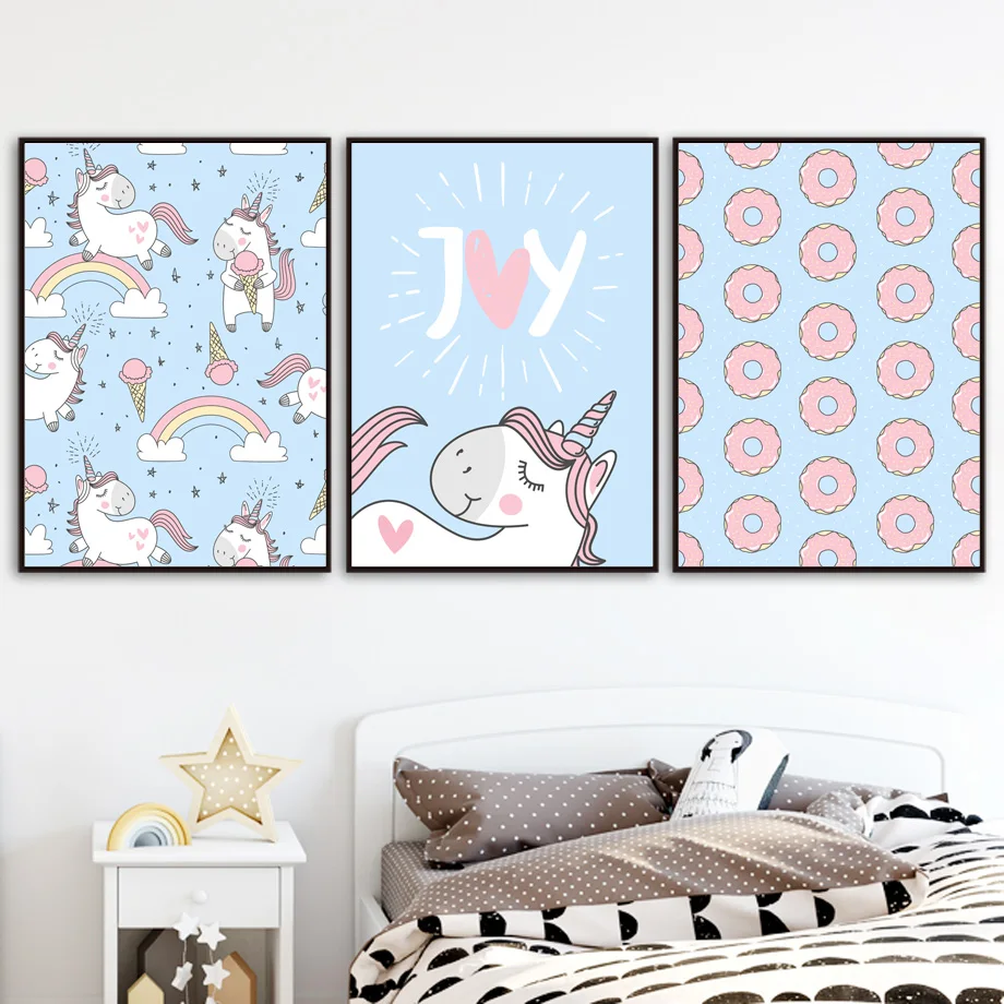 

Cartoon Unicorn Wall Art Canvas Painting Rainbow Nordic Poster Nursery Wall Pictures For Living Room Baby Girl Room Unframed
