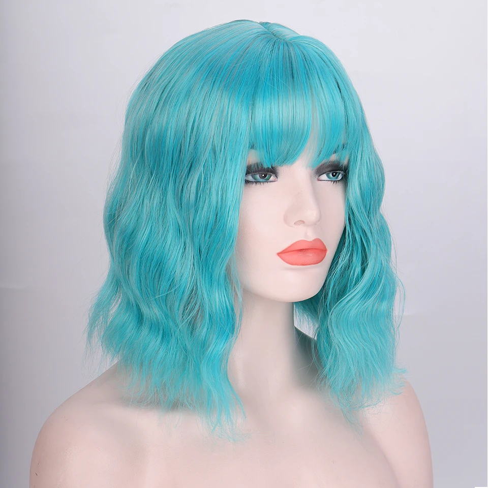 Sintéticas para as Mulheres Onda de Água Peruca com Franja Lupu Perucas Curto Natural Preto Loiro Rosa Lolita Cosplay Festa Cabelo Peruca Bob 7 High Quality Apliques e perucas