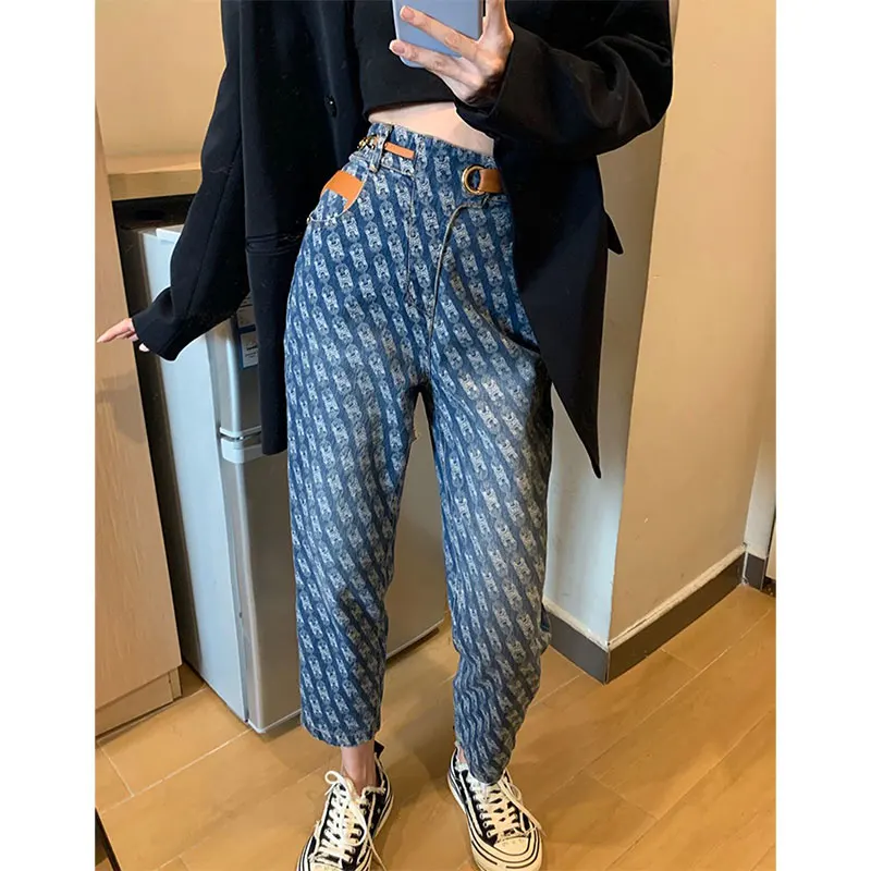

2021 Spring Autumn New Fashion Women High Waist Slim Casual Ankle-length Jeans Vintage Print Cotton Denim Harem Pants V644