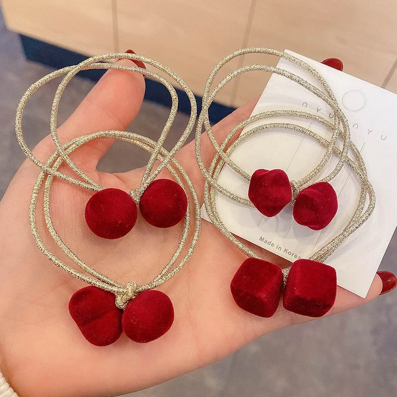 

2021 New Simple Cute Girl Hair Ropes Velvet Red Star Round Ball Heart Geometry Hair Ties for Women Fashion Cute Hair Accessory