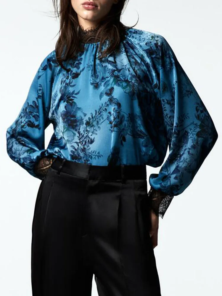 

2022winter new women's temperament retro flower stand-up collar long-sleeved printed lace stitching satin texture shirt