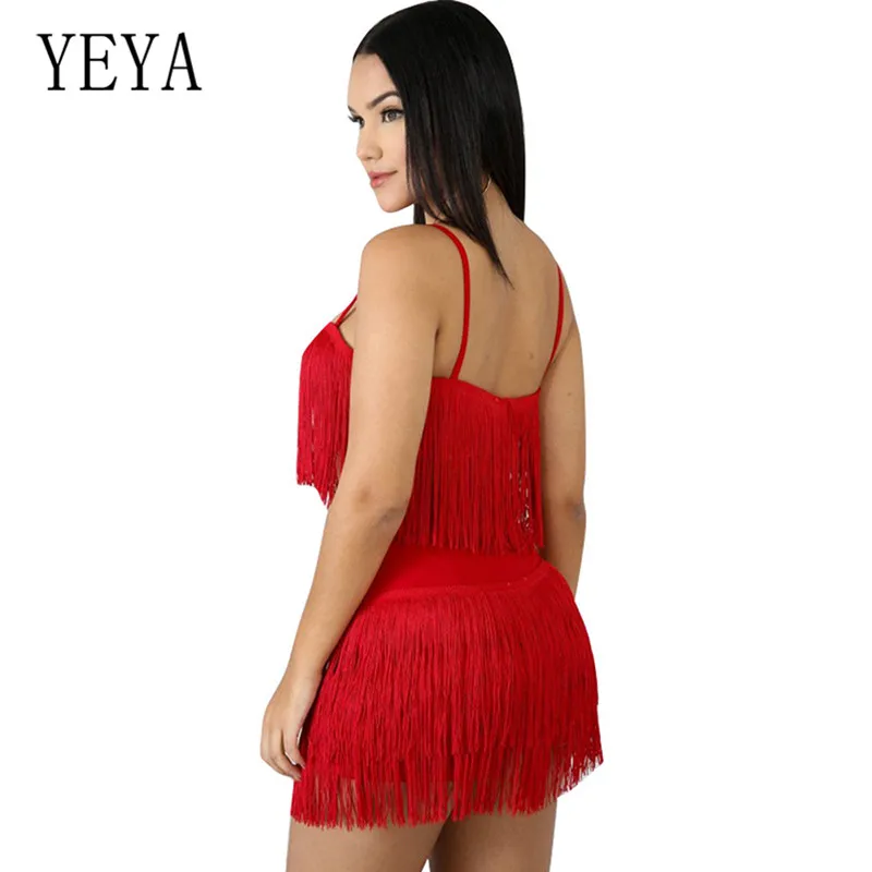 YEYA tassels комплект из двух предметов для женщин Спагетти ремень открытая спина укороченный топ Высокая талия черные шорты комбинезон сексуальный 2 шт. наряды Комбинезоны