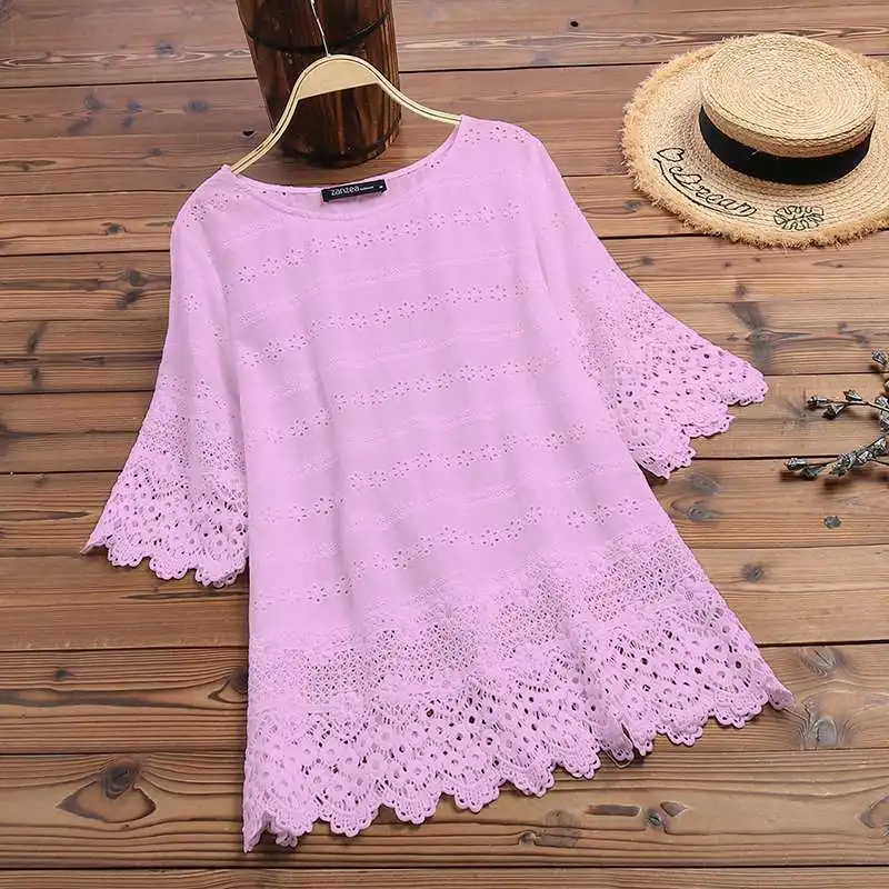 Light Purple ZANZEA Летняя женская хлопковая белая блузка милая девушка выдалбливают Вышивка Кружева Половина рукава рубашка Рабочая туника Blusas топы 5XL - Цвет: Light Purple