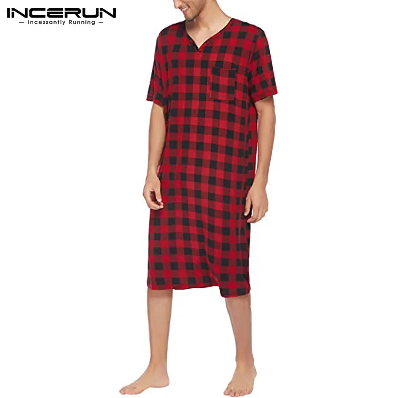 

INCERUN Для мужчин клетчатая халат домашняя одежда для женщин V образным вырезом короткий рукав удобные женские туфли для отдыха ночная рубашк...