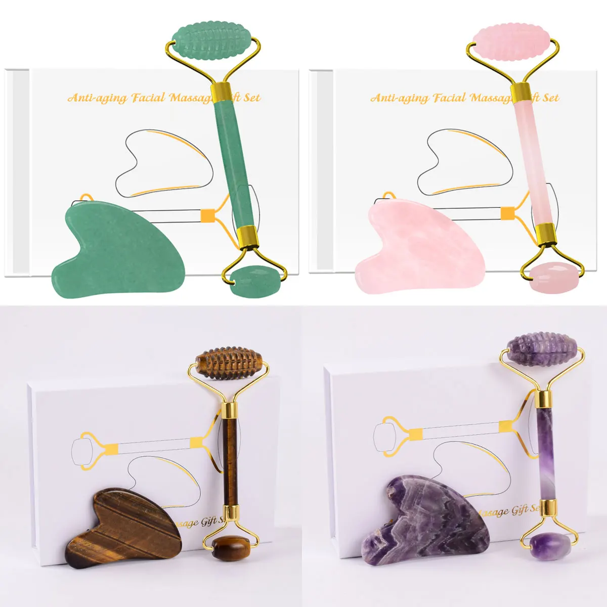 

Rose Quartz Gouache Scraper Face Massage Roller Gua Sha Scraper Set Natural Gouache Stone Jade Roller Massager For Face with Box
