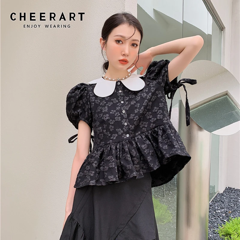 

CHEERART Vintage Puff Sleeve Summer Peplum Blouse Women Loose Short Sleeve Designer Peter Pan Collar Floral Black Ladies Top